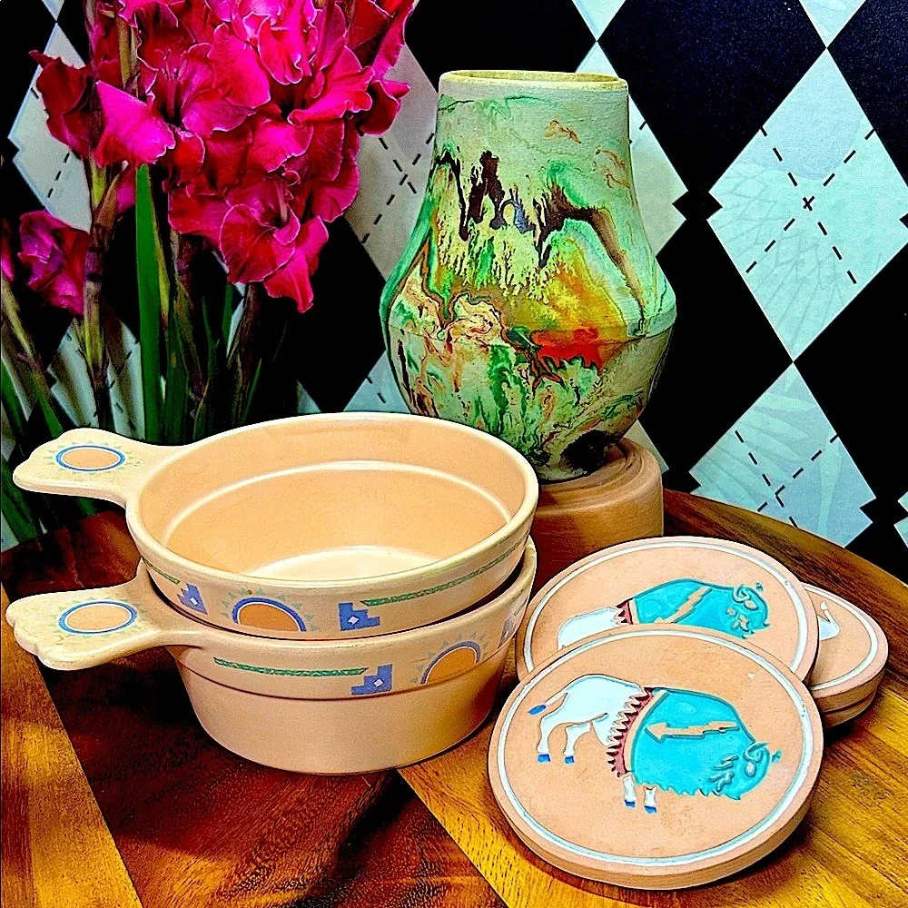 Vintage Southwestern Soup Bowls Pair Turquoise and Peach Desert‎ Decor